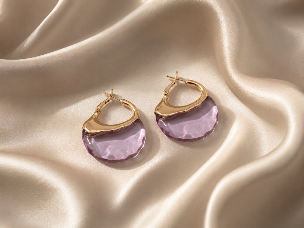 Anthropologie Lucite Clear Hoop Earrings Boho Gold Statement Basket Molten Resin